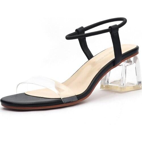 Transparent PVC Sandals Women Buckle Strap 5.5CM Thick High Heels Square Toe Shallow Back Strap Open Toed women shoes size 35-42