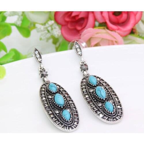 Vintage Turkish Women Long Drop Ellipse Earrings Antique Silver Color Flower Dangle Earrings Bohemia Indian Bridal Jewelry