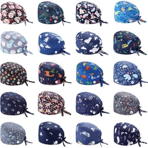 Button Adjustable Pet Grooming Agency Work Scrubs Caps Cartoon Cute Nurse Cap Cat Printing Working Cap Anti-dust