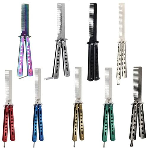 Foldable Comb Stainless Steel Practice Training Butterfly Knife Comb Beard Moustache Brushe Salon Hairdressing Styling Tool