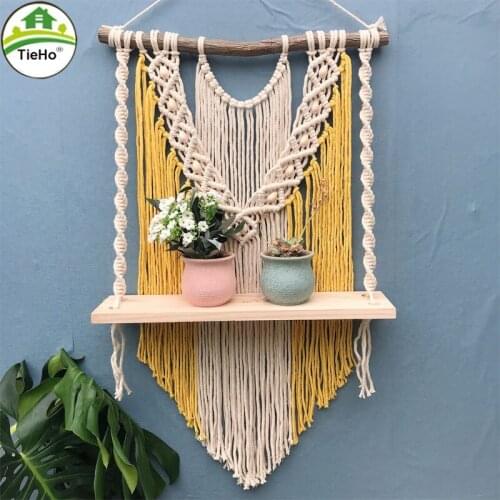 TieHo Handwoven Bohemian Tapestry Rack Wall Decor Wooden Storage Shelf Living Room Boho Decoration Home Decor Shelves