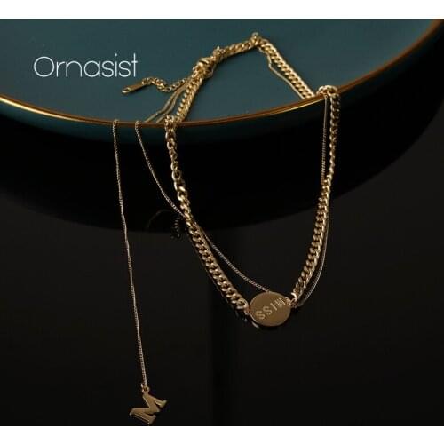 Titanium Steel Double Layer MISS Round Brand Tassel M Necklace Female 2021 Net Red Tide Necklace Cold Wind INS Clavicle Chain