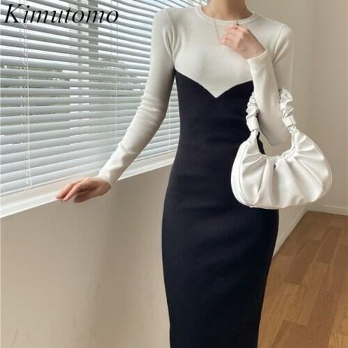 Kimutomo Knitted Contrast Dress 2021 Autumn New Korea Fashion Female O-neck Long Sleeves Sexy Bodycon Midi Vestidos Elegant