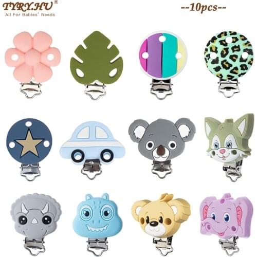TYRY.HU 10Pcs Silicone Pacifier Clips BPA-Free Fox Elephant Rainbow Flower Dummy Nipple Clip Baby Pacifier Chain Accessories