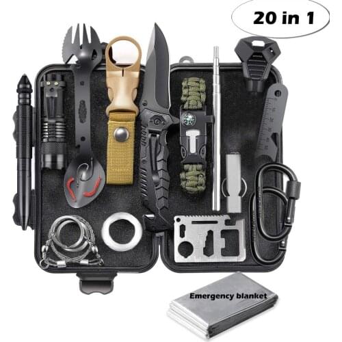 Survival Gear Kit Emergency EDC Survival Tools 20 in 1 SOS first Aid Equipment with knife flashlight for Hunting Camping Hiking