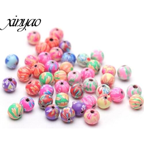 XINYAO 100pcs 8mm Polymer Clay Flower Pattern Printing Beads Round Loose Beads Mix Colors For Make Jewelry