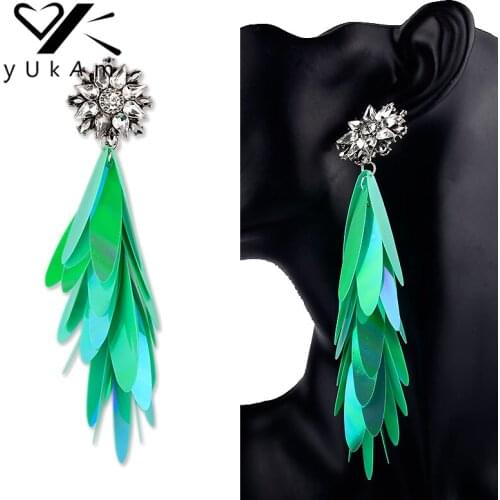 YUKAM Exaggerated Long Sequins Tassel Earrings Crystal Rhinestone Flower Dangle Drop Statement Earrings Feather Tassle Earrings