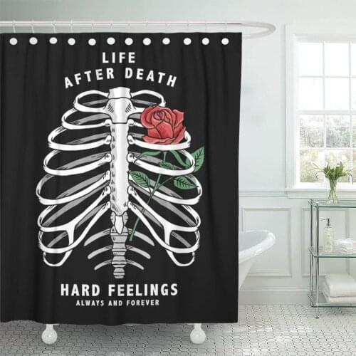 Rock Red Rose Inside Skeleton Chest Graphic and Roll Shower Curtain Waterproof Fabric 72 x 72 Inches Set with Hooks