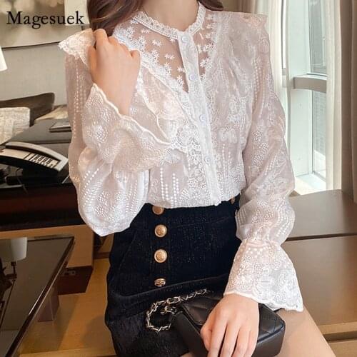 New Elegant Ruffled Mesh Stitching Slim Shirt Spring Flare Sleeve Women Blouse Flower Embroidery Stand Collar Lace Tops 13969