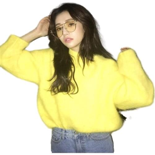 Womans Jersey 2020 Korean Casual Yellow O-Neck Cashmere Long Sleeve Oversized Sweaters Female All Match Warm Knitwear Winter