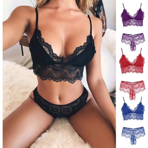 Women Underwear Sexy Lingerie Lace Bralette Bra And Panty Set Femme Crop Top G-string Transparent Brassiere Party See Through