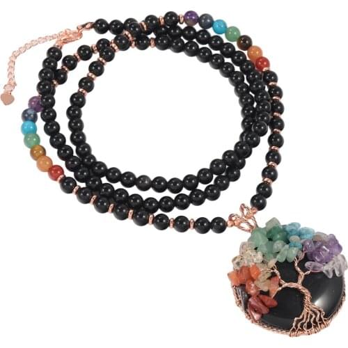 TUMBEELLUWA Round Stone Beads Women Necklace 7 Chakra Crystals Tree of Life Pendant Necklace Long Chain Necklace Women Jewelry
