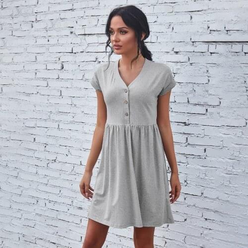 Summer Fashion Female V-Neck Casual Short Sleeve Dress Women Dress Button Fastener Dress Solid Color