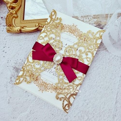 50x Gold Glitter Invitations for Wedding Party, Floral Gold Silver Red Champagne Bridal Shower Invites with Big Pearl Rhinestone