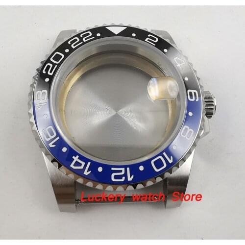 40mm GMT Sapphire glass black and blue ceramics bezel 316L stainless steel Watch Case fit ETA 2836 movement-BK37