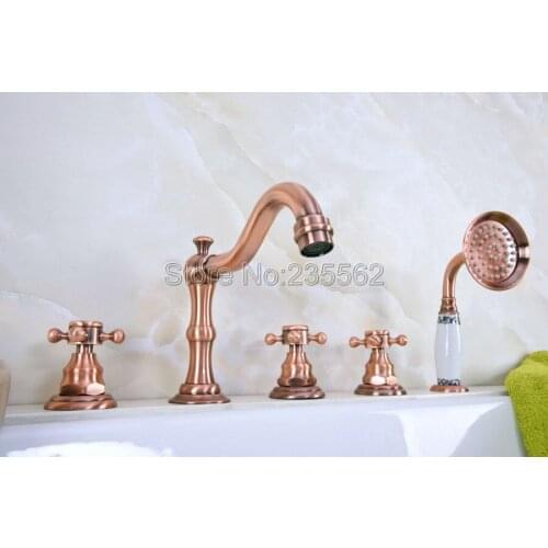 Antique Red Copper Roman Bathtub Mixer Faucet Set w/ Handheld Shower 5 Holes Tap Deck Mounted lna221