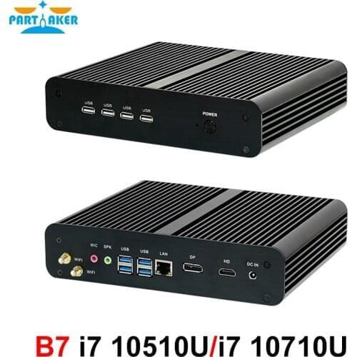 Fanless Mini PC Intel Core i7 10510U i7 10710U i7 8565U Mini Computer Nuc 2*DDR4 M.2+Msata+2.5'SATA 4K HTPC Nettop HDMI DP