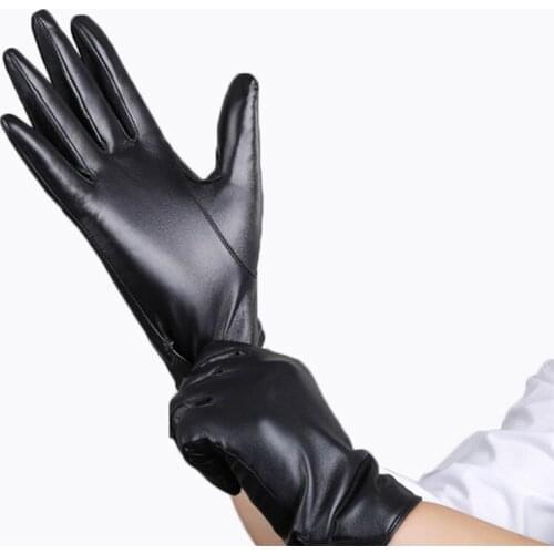 Black Lady Sheepskin Leather Gloves Winter Riding Driving Gloves Women Warm Fleece Genuine Leather Gloves Fashion Guantes Mujer