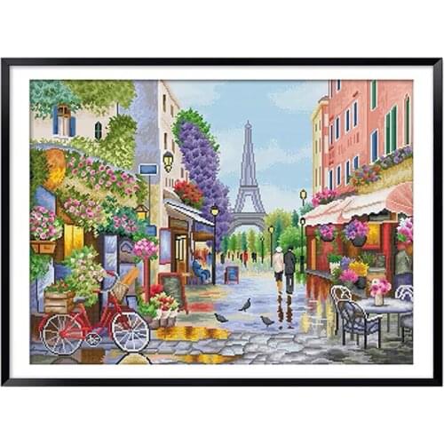 French Flower Street Lanscape in Paris Stamped Cross Stitch Kit, 31.5" x 24.4"