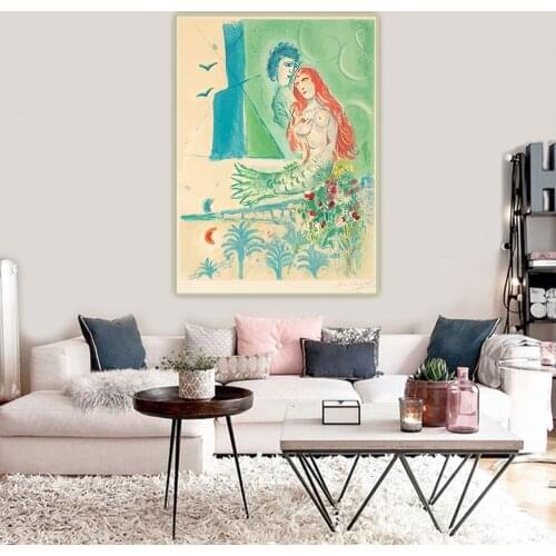 Holover Canvas Oil Painting Marc Chagall"Siren with the poet"Surrealism Aesthetic Jewish Culture Poetic Wall Art Home Decoration