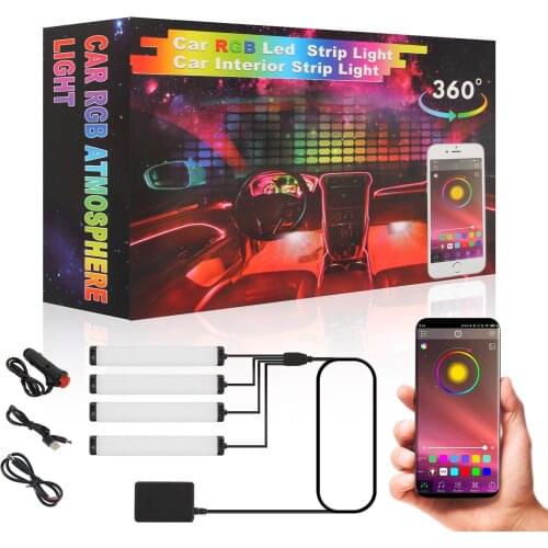 Interior Car Lights with Smart App BT Control 4 RGB strip lights Multicolor DIY Mode Music Synchronization for Cars Cabinets