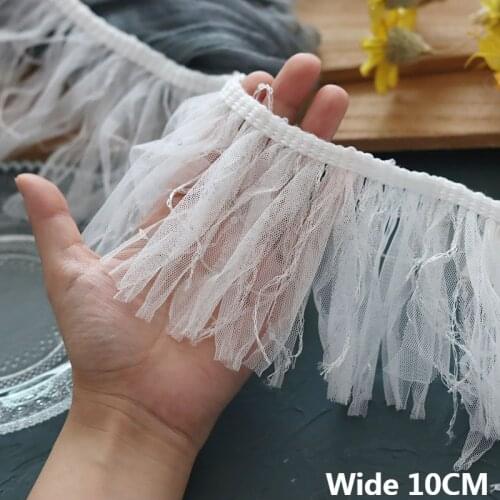 10CM Wide White Mesh Tassel Lace Fabric Glitter Sequins Embroidered Fringe Ribbon Curtain Dresses Edge Trim DIY Sewing Material