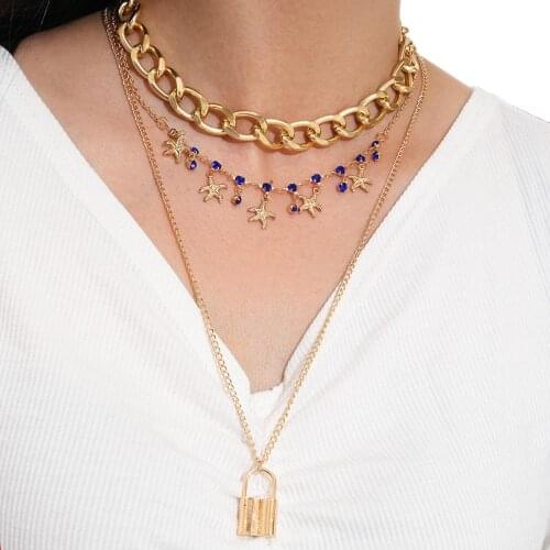 Cuban Link Chain Choker Necklace Punk Multilayer Padlock Crystal Starfish Pendant Necklace for Women Gold Color Collar Jewlery