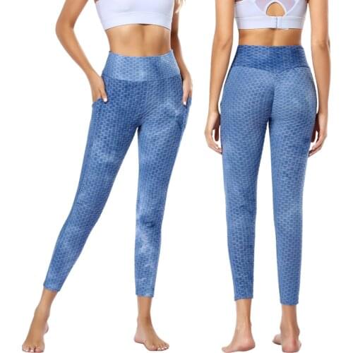 Hot Yoga Pants Denim Look Elastic Stretchy Blue Sport Gym Leggings Geometric Pattern Fitness Women Jogging Running Tights