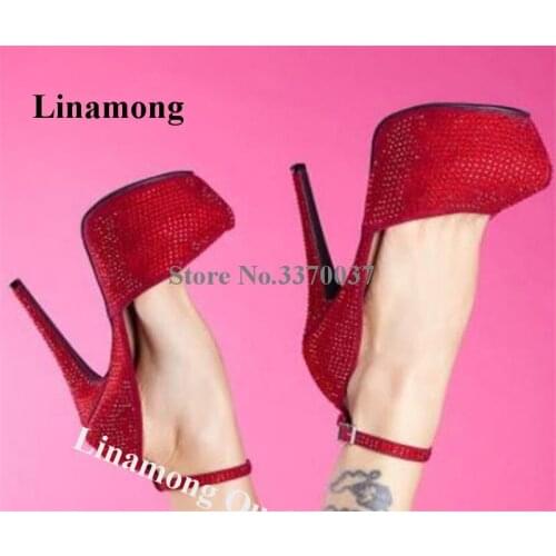 Linamong Bling Bling Red Rhinestone High Platform Stiletto Heel Pumps Ankle Strap Crystal High Heels Wedding Dress Heels