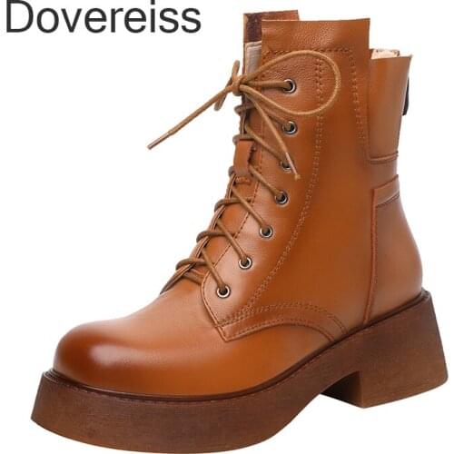 Dovereiss Fashion Genuine Leather Cross Tied Winter Sexy Zipper Motercycle Boots Brown Consice Matin Boots Ankle Boots