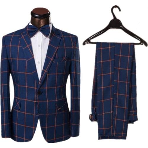 Man suit pants blue plaid suit custom made wedding dresses (coat + pants + tie)