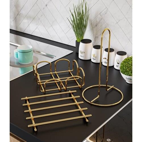 Kitchen Organizer Service Presentation Set Towel rack Napkin Holder Trivet Gold Color Polished Stainless 3 Pcs Decorative Regulator Guests