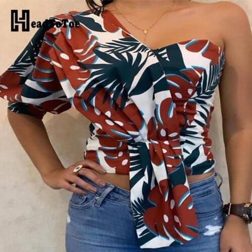 Sexy Women One Shoulder Print Blouse Tops Ladies Half Sleeve Short Style Casual Blouses Streetwear