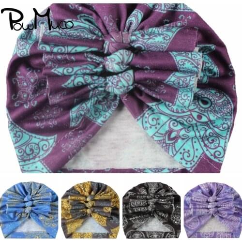 Powmuco Fashion Printed Bowknot Baby Girls Hats Handmade Folded Bows Infant Caps Children Headwear Newborn Photography Props