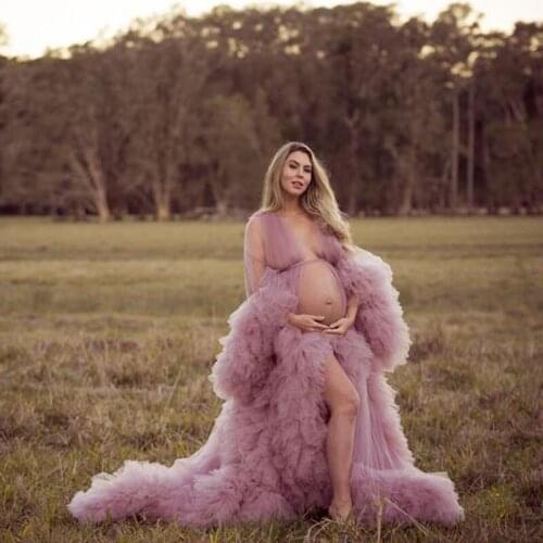 Pretty Dusty Pink Ruffles Tulle Long Maternity Dresses Full Sleeves Ruffles Tulle Long Robe A-line Women Dress Vestidos