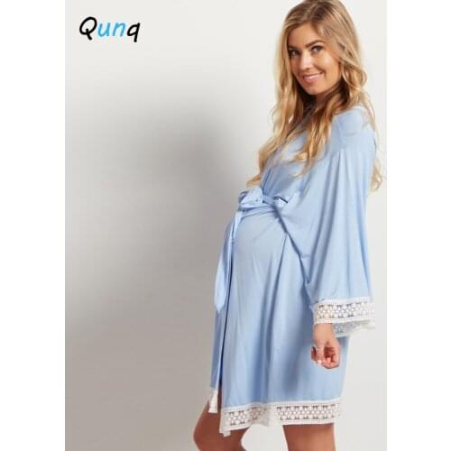 Qunq Lace Cardigan Nursing Pajama Outfits 2021 New Spring Solid Color Maternity Sleepwear V-neck Pregnant Woman Lounge Clothes