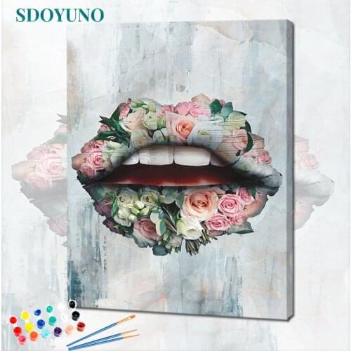 SDOYUNO 60x75cm Painting By Numbers Flower Lips DIY Paint By Numbers For Adult Frameless Digital Painting On Canvas Unique Gift