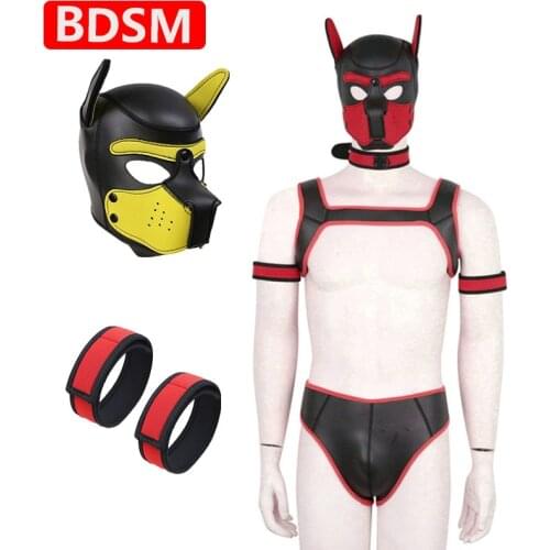 Sex Shop Fetish Toys Puppy Play Dog BDSM Leather Hooded Collar Arms Shoulders Fantasy Kit Bondage Sex Toys For Couple Adult Game