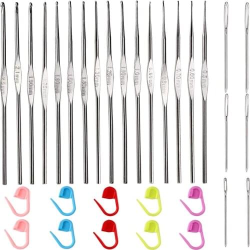 16 PCS Knitting Needles Set 0.5mm-2.7mm Aluminum Crochet Hooks Set with 6 PCS Large-Eye Blunt Needles and 10 PCS Stitch Marker