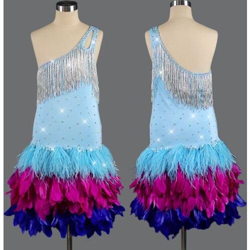 Custom Made Latin Dance Dress Competition Clothes Sexy Tassel Dresses Women Girls Blue feather Latin Dance Performance Costume