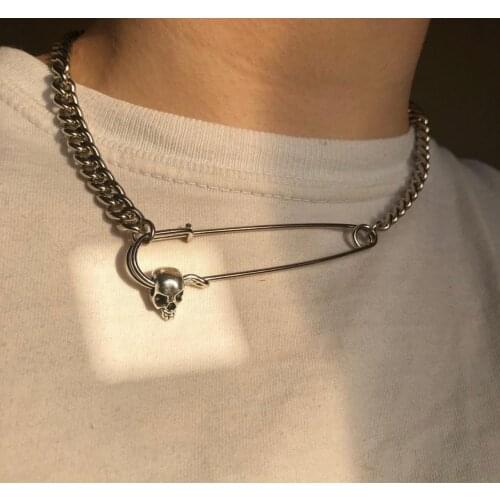 Pin Chain Necklace for Women Skull Punk Gothic Womens Neck Chain Jewelry Friends Goth Choker Fashion Accessories