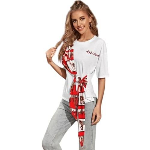 New Summer 2021 European And American White Splicing Bowtie Short Sleeve Slim Body Color Combination Casual T Shirt