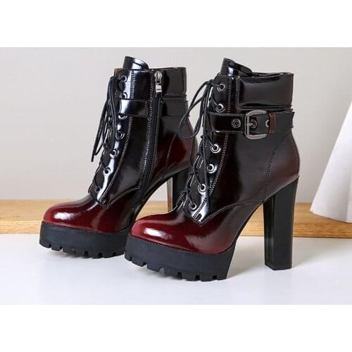 Womens Patent Leather Match Colors Ankle Boots Belt Buckle Block High Heel Lace Up Punk Motorcycle Shoes Plus Size New 2021
