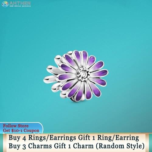 Ahthen 925 Sterling Silver Charm Purple Daisy Charm fit Original Pandora Bracelets for Women Jewelry Making Girl DIY Jewelry
