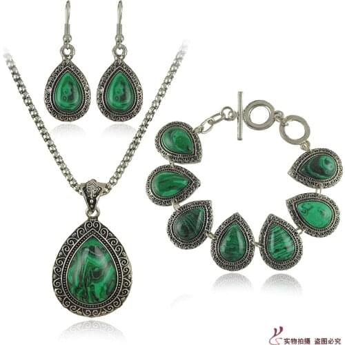 Natural Green Malachite Stone Necklace Set Women Water Drop Stone Earrings Bracelets Wedding Jewelry Sets 2017 Fashion Jewelry