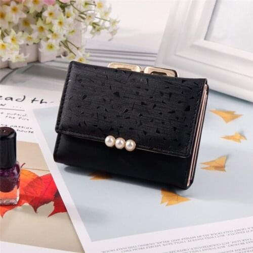 Womens Wallet Short Pearl Buckle Solid Color Coin Purses Female Three Fold Hasp High Quality Print Card Holder Clutch Money Bag