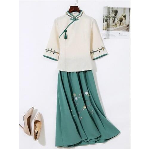 Hanfu new ancient style womens two-piece suit Chinese style embroidery improved cheongsam stand collar soft skin-friendly dress