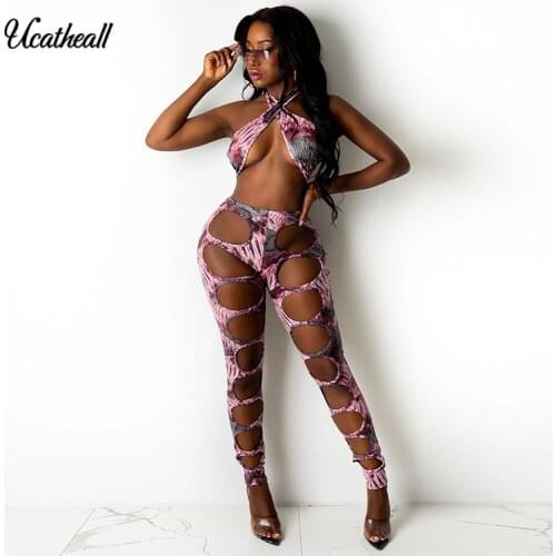 Halter Leopard Print Fashion Two Piece Women Sets Sexy Club Outfits Hole Wrapped Chest Crop Top Pants Suits Matching Sets