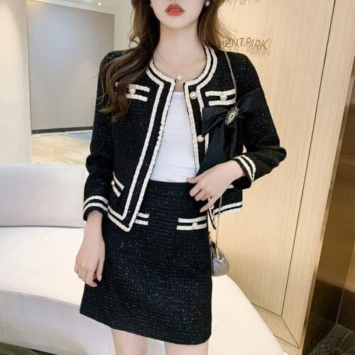 Runway New Fashion Autumn Women Sequins Embroidery Tweed 2 Piece Set Sweet Bow Pearl Buckle Jackets Coat Skirts Office Lady Suit