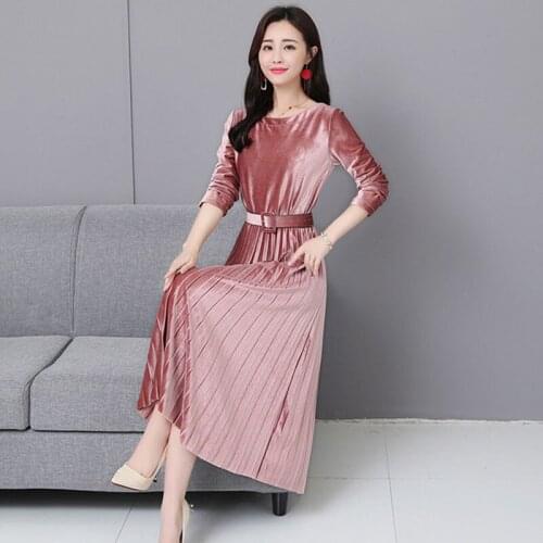 Autumn and winter womens fashion temperament womens dress 2021 new medium long round neck long sleeve womens dress NUW935